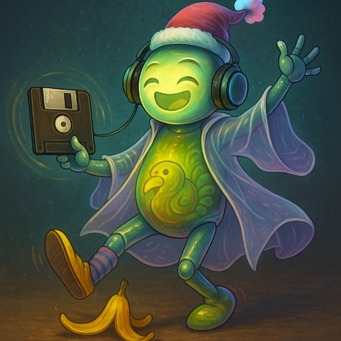 A painted illustration: a round green figure in headphones and a pom-pom cap, holding a floppy disk mid-scratch, in a translucent robe and striped socks, one shoe leaving its foot, a banana peel on the ground and a bird on its belly.