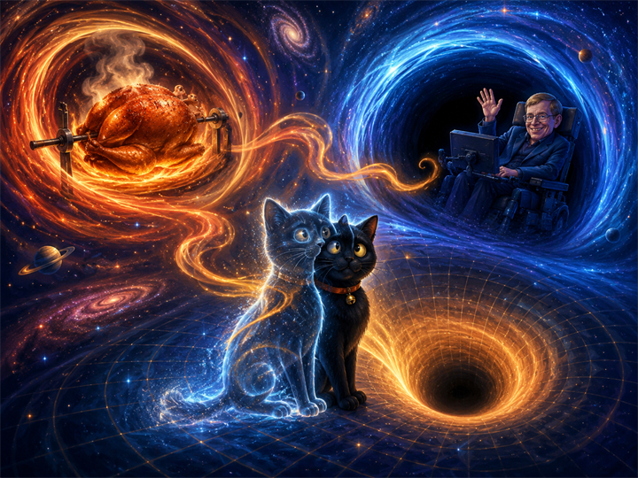 A painted illustration: a turkey roasts on a spit inside a glowing orange vortex on the left, Stephen Hawking waves from inside a blue vortex on the right, and between them two cats sit in the same posture — one solid black with a bell on its red collar, one translucent and made of stars. A single thread of aroma runs from the turkey, through the cats, to Hawking. Below, a funnel falls through a curved grid.