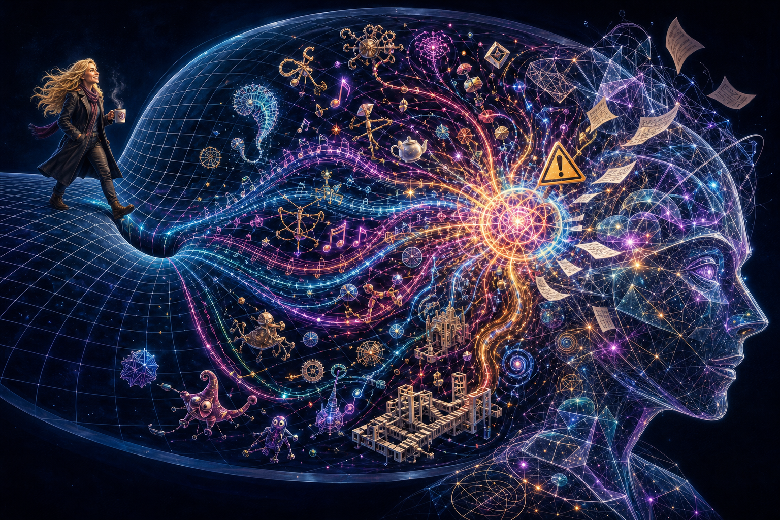 A blonde woman carrying coffee steps into a luminous cognitive spacetime grid and dents it locally. Coloured trajectories bend after her arrival, sweep through strange inventions, and converge on a warning-marked creative knot inside a translucent geometric AI head.
