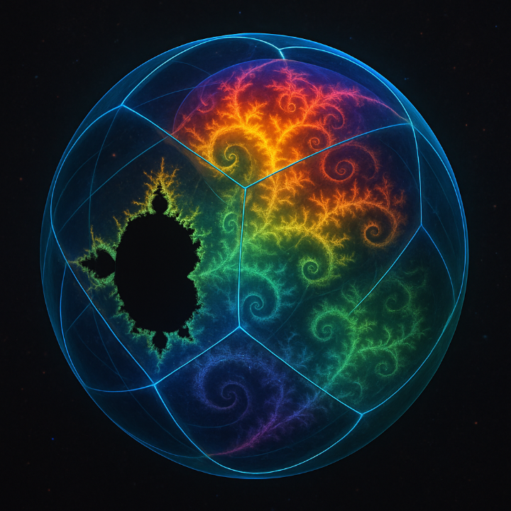 A painting: the Mandelbrot set in black silhouette with rainbow escape-time colouring, wrapped onto a sphere whose great-circle seams show.